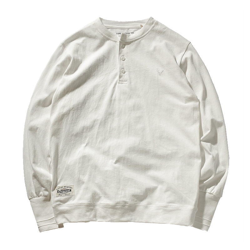 胸ミニ刺繡 コットンヘンリーネックロンT