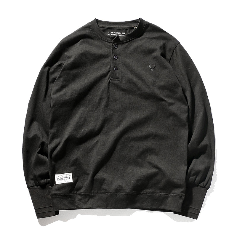 胸ミニ刺繡 コットンヘンリーネックロンT