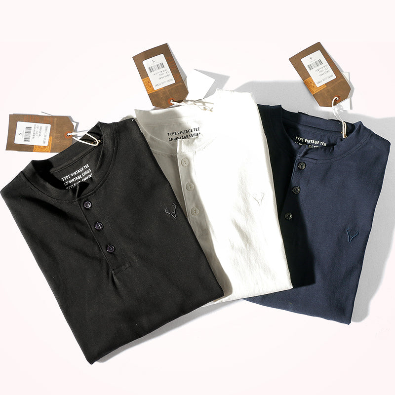 胸ミニ刺繡 コットンヘンリーネックロンT