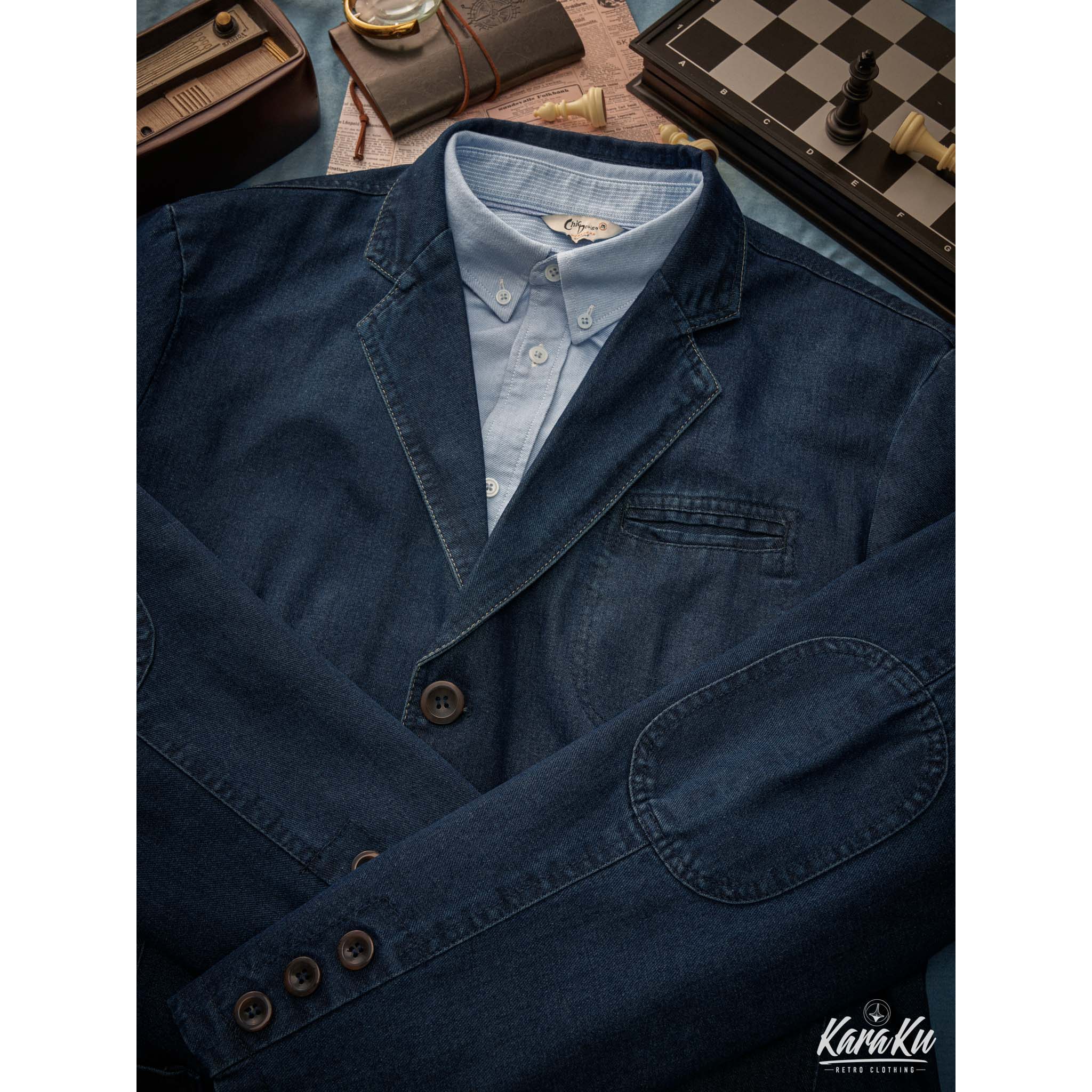 裏マルチストライプ柄 デニムブレザージャケット