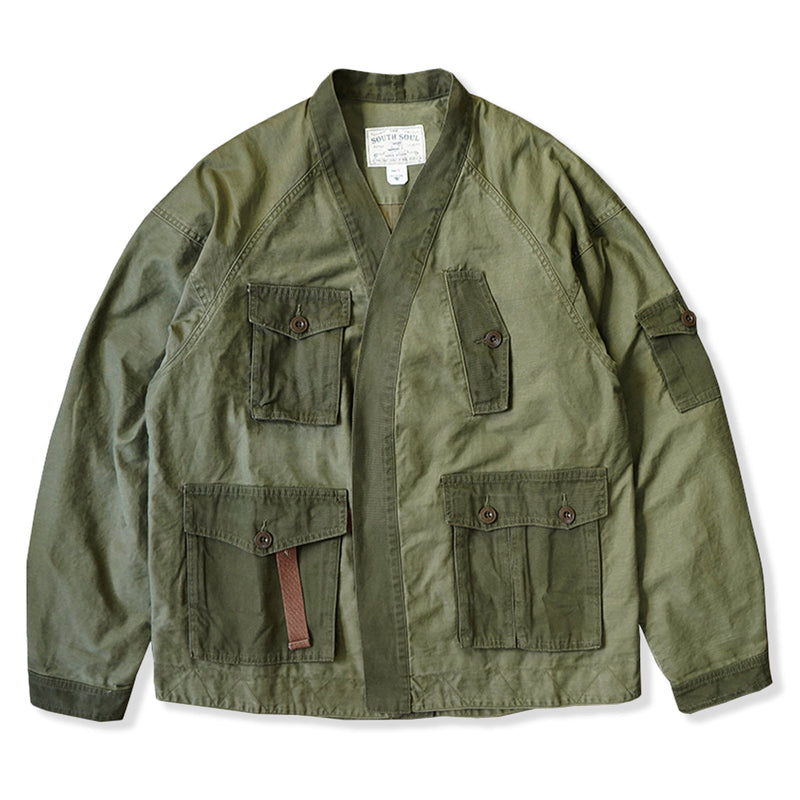 Color blocking multi-pocket military hanten (half-coat)