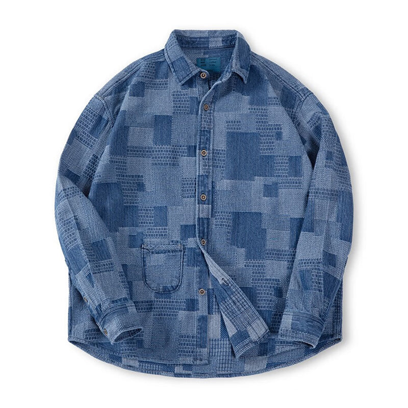 Bolo-style jacquard pre-dyed denim work shirt