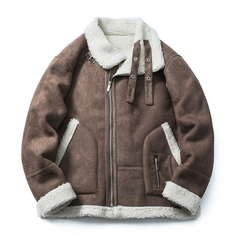 Pure color suede pocket fleece padded jacket