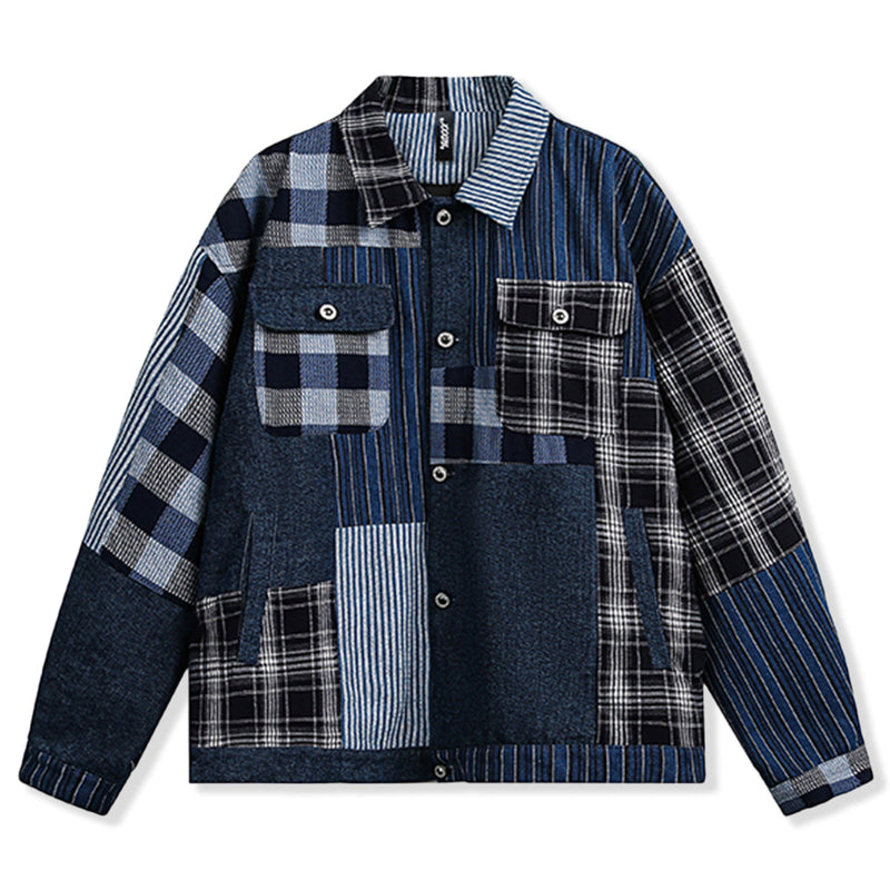 5-piece check x stripe patchwork shirt