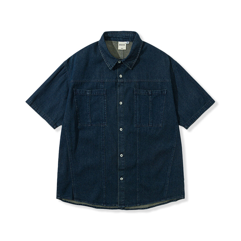 Dark Blue Double Pocket Washed Denim Work Shirt