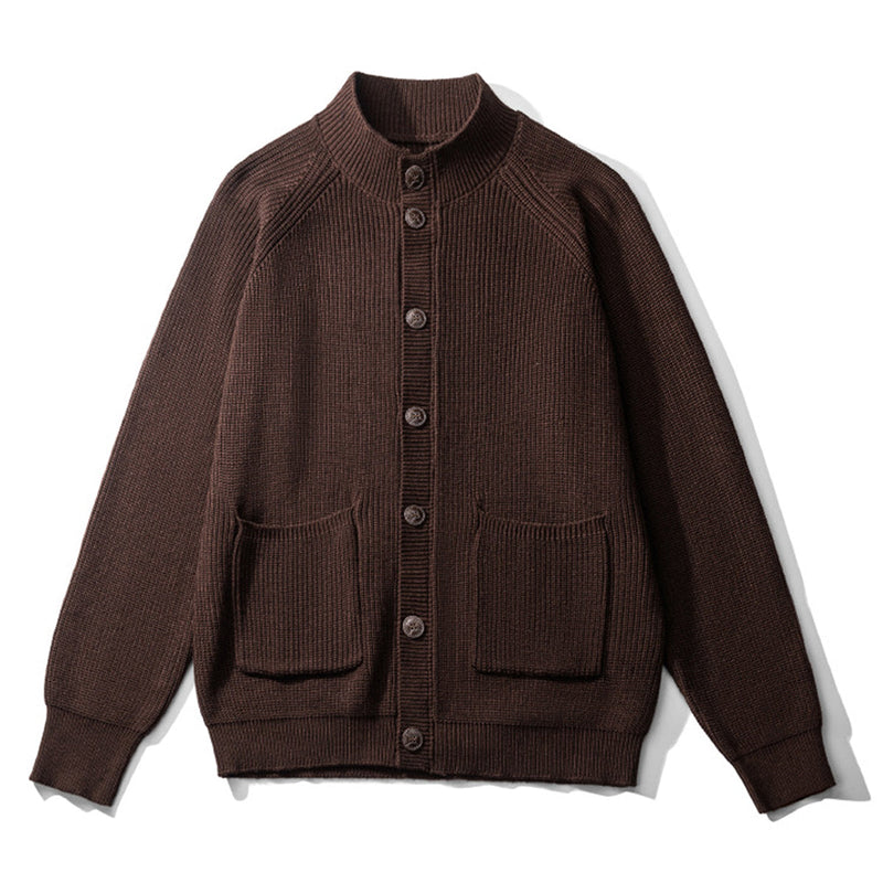 Wool-blend stand collar knit cardigan