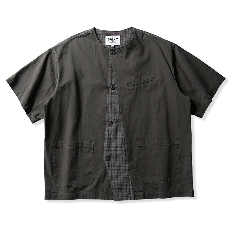 Fake Layered Patchwork Checked Pattern Transition Cotton Short Sleeve Shirt