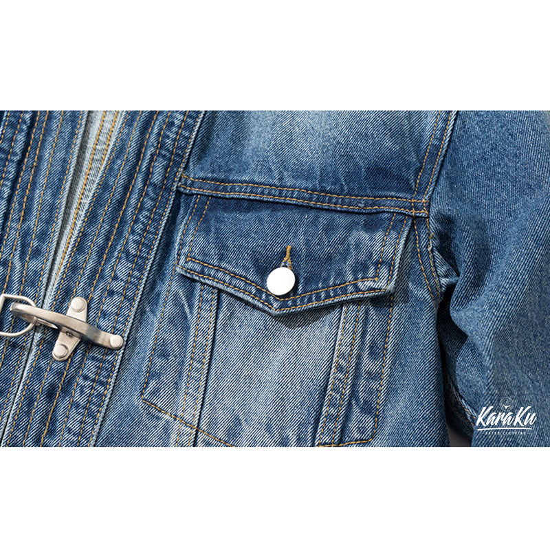 karaku フックボタン付き　半纏改良型ウォッシュド加工デニムジャケット フックボタン付き 半纏改良型ウォッシュド加工デニムジャケット