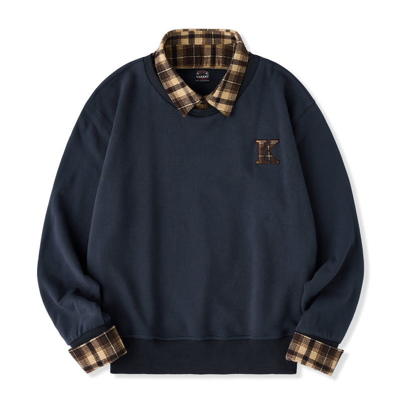 「K」Embroidered Fleece Check Fake Layered Sweatshirt