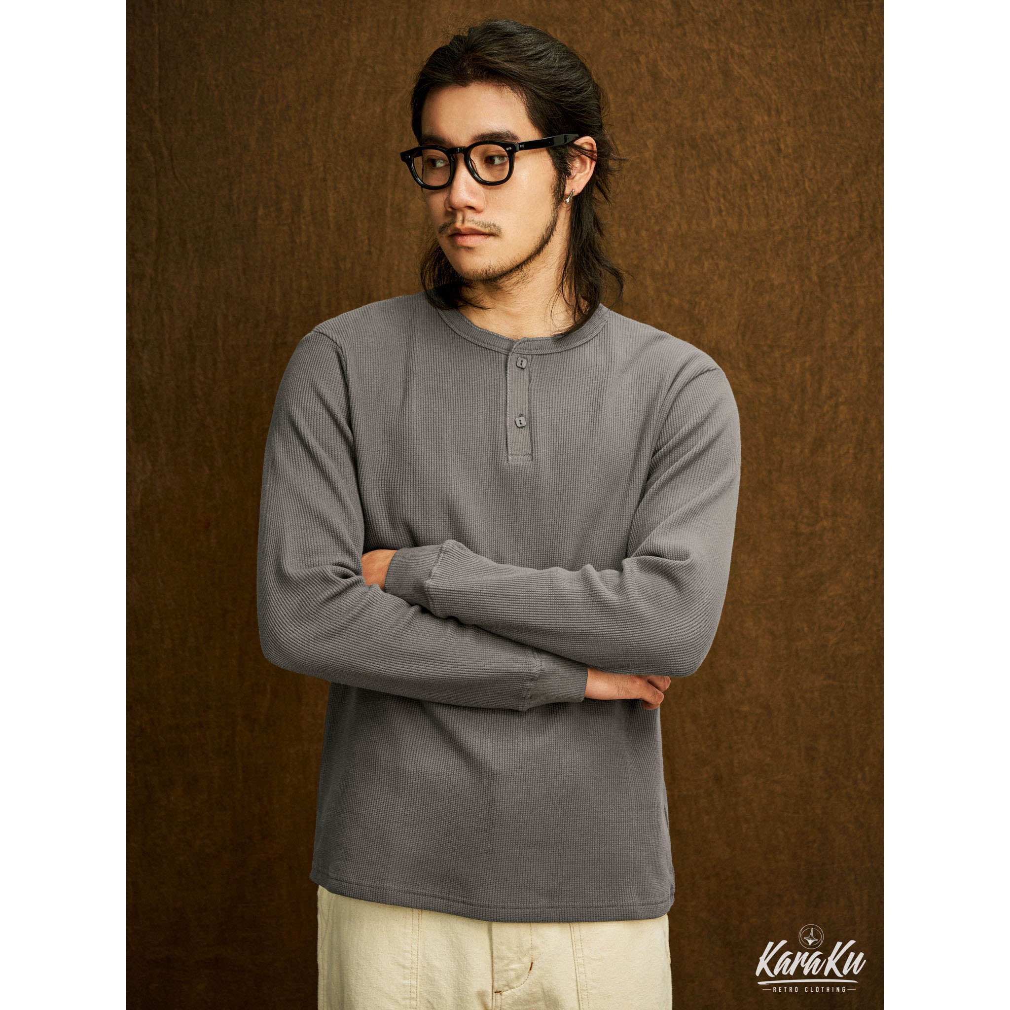 Heavyweight waffle henley neck long sleeve t-shirt – Karaku KR