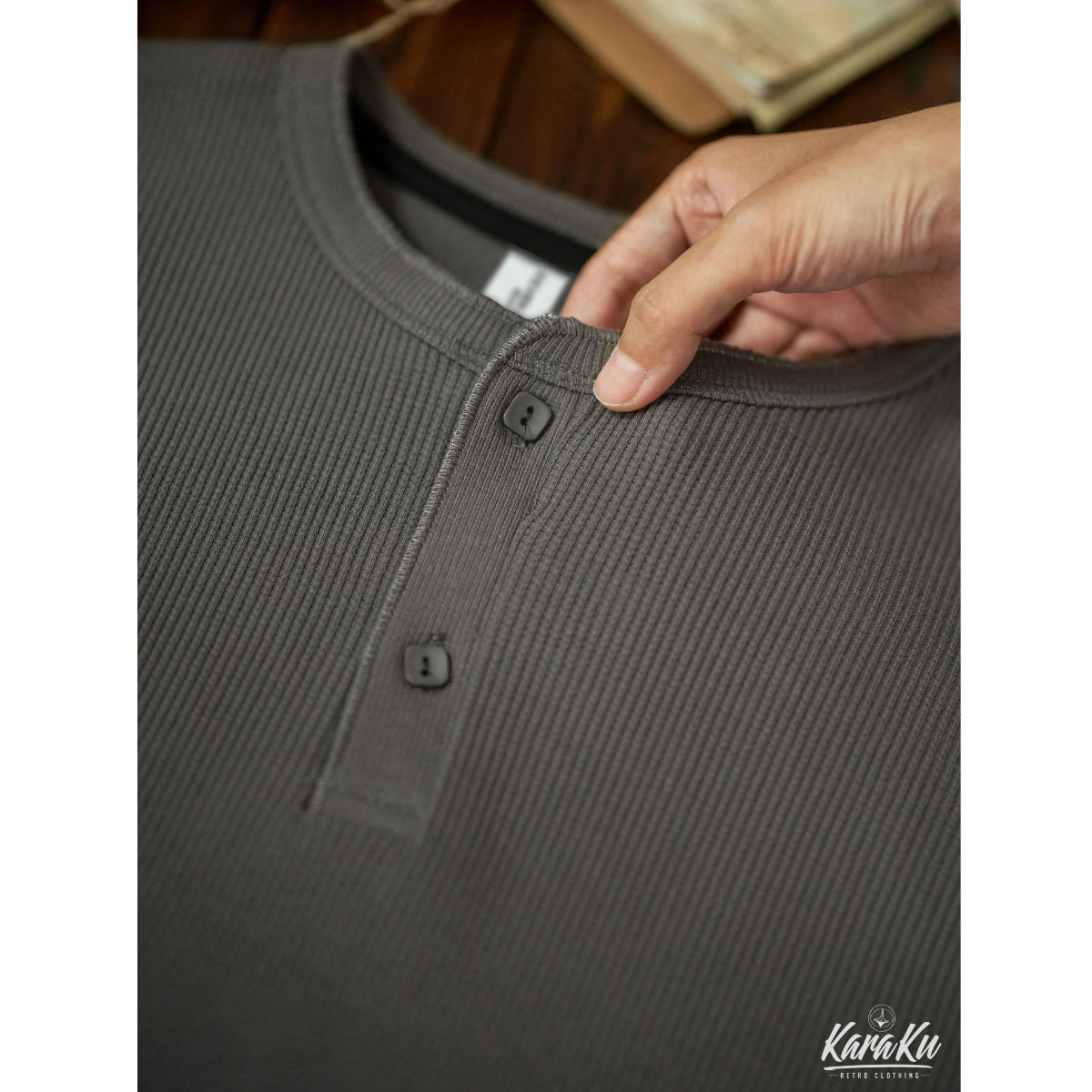 Heavyweight waffle henley neck long sleeve t-shirt – Karaku KR