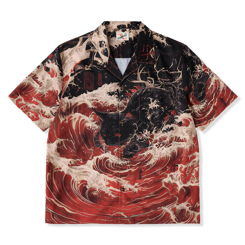 【Pre-order】「Red Wave Shadow Cat」Ukiyo-e Print Open Collar Shirt