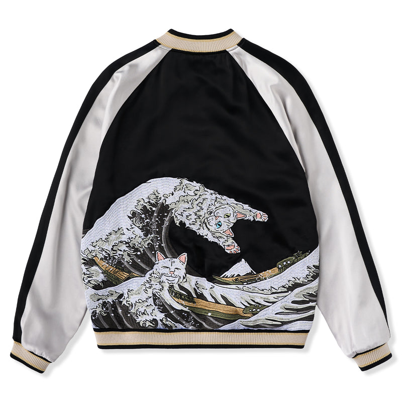 Yokosuka (横須賀) Kanagawa Okinawa Cat Surfing [Kanagawa Okinawa Surfing and Cat Surfing] Ukiyo-e Embroidery Sukajan